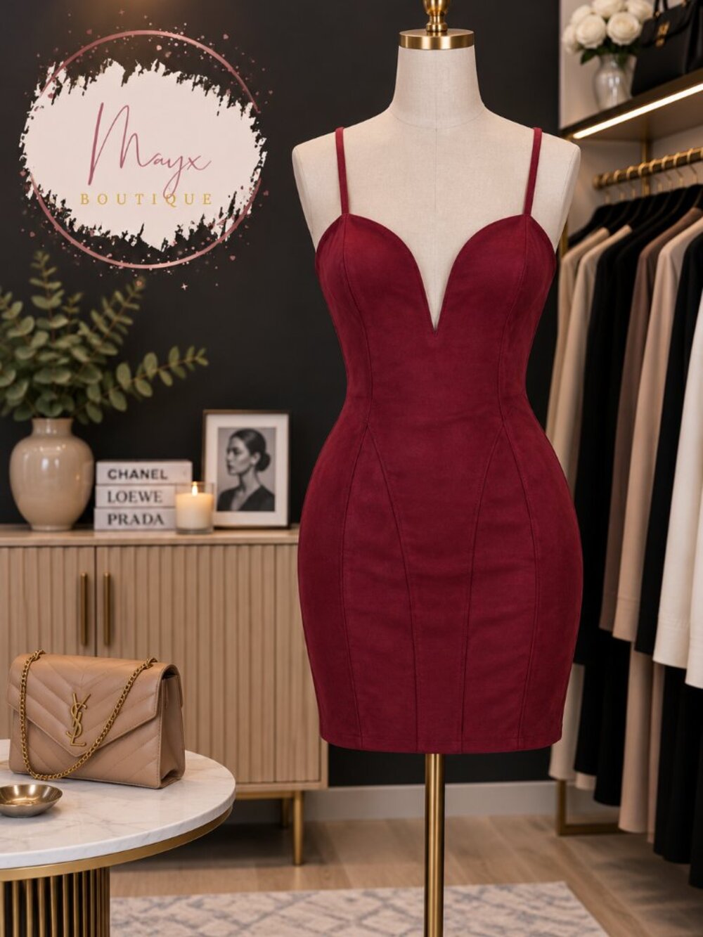 Windsor Burgundy Faux Suede Plunging Sweetheart Mini Dress